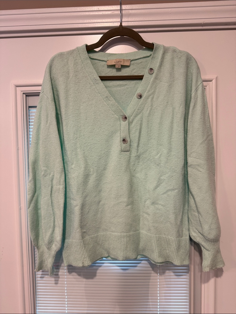 LOFT Mint Green V‑Neck Button Pullover Sweater